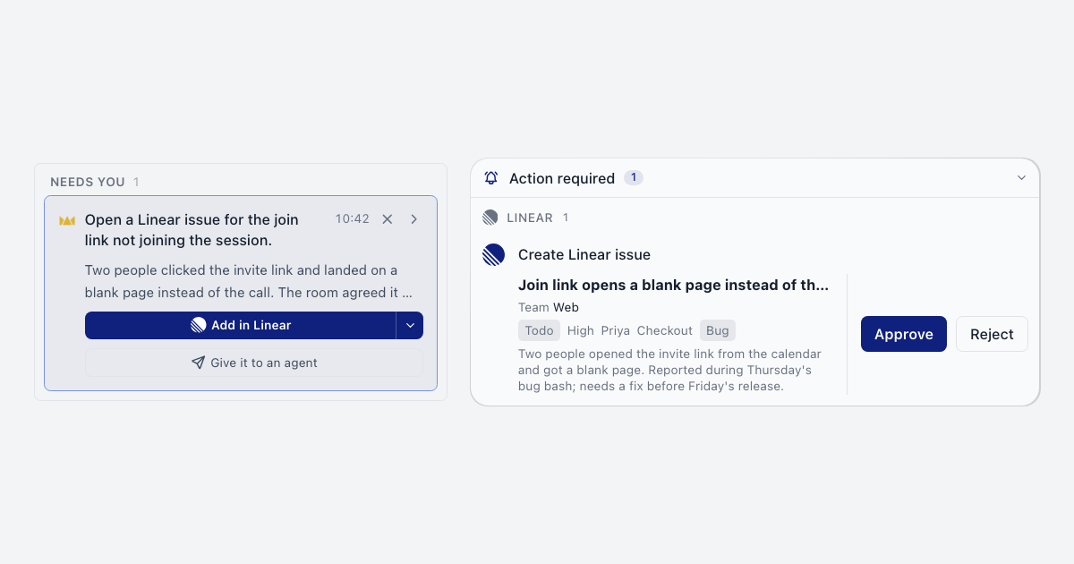 Chief's offer card with Add in Linear on the left, and the Create Linear issue card with team, state, priority, assignee and Approve on the right.