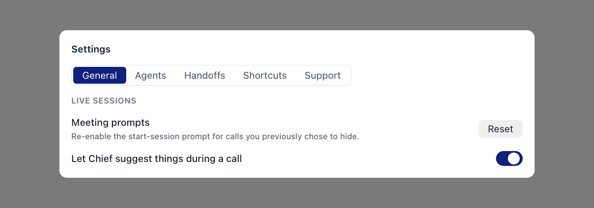 The Live sessions section of Chief's desktop settings, with the Let Chief suggest things during a call toggle switched on.