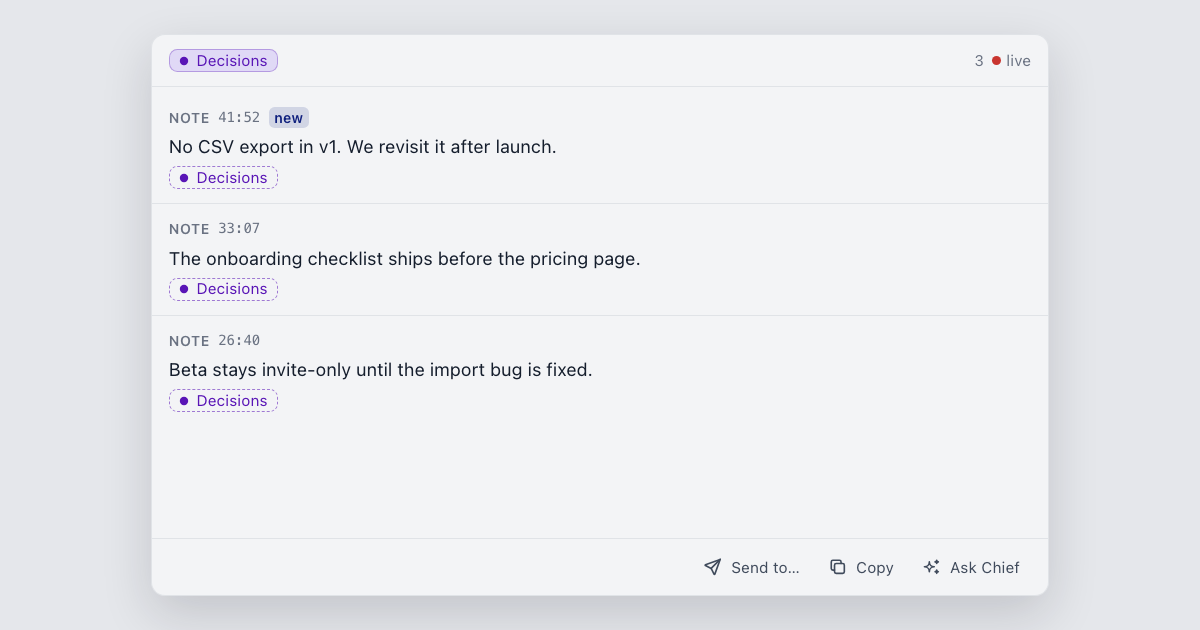 The Chief desktop Decisions view during a call: three product decisions, each with the minute it was said, above the Send to, Copy and Ask Chief buttons.
