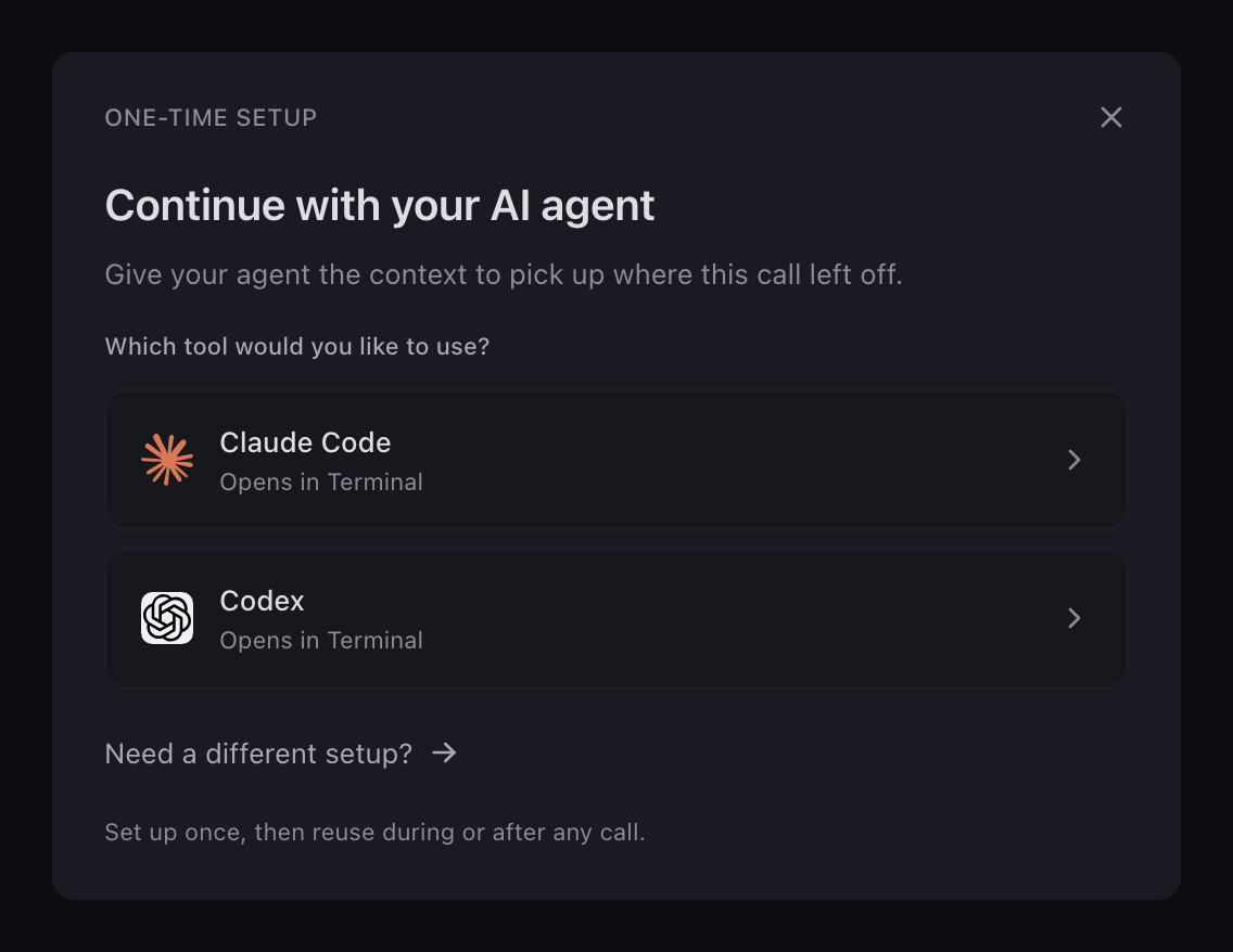 The Continue with your AI agent dialog asking which tool to use, with Claude Code and Codex cards that open in Terminal.