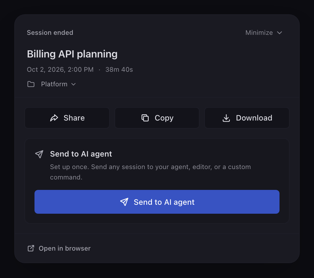 Chief's Session ended sheet with Share, Copy and Download above a Send to AI agent card offering first-time setup.