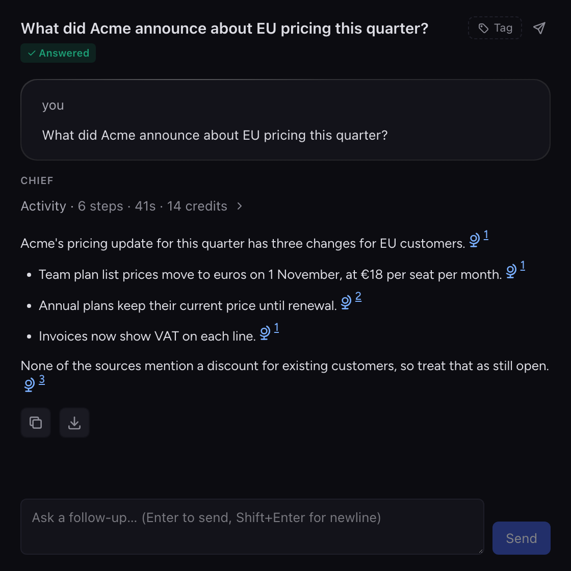 A Chief answer with inline citations to its sources, and the Ask a follow-up box below it.