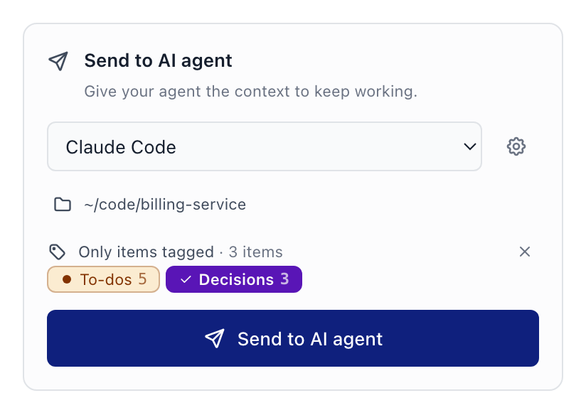 The Send to AI agent row of the Chief desktop exit sheet, with Claude Code selected and the send limited to items tagged Decisions.