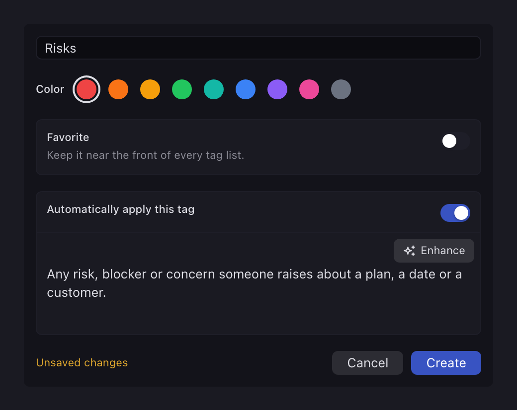 The Chief tag editor for a new Risks tag, with Automatically apply this tag switched on, one sentence about what it should match, and Enhance.
