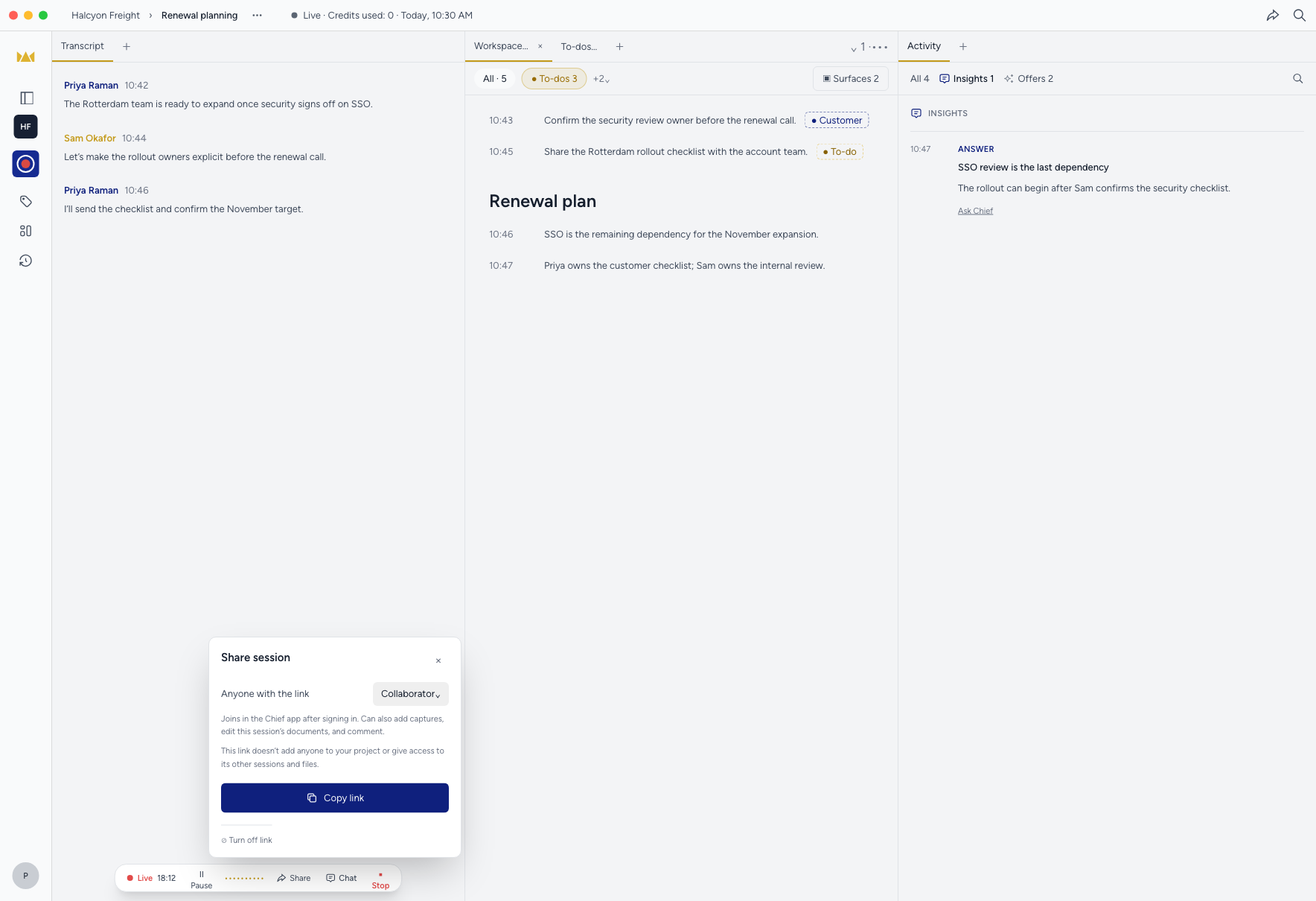 The unified Share session popover with the Collaborator role and Copy link button