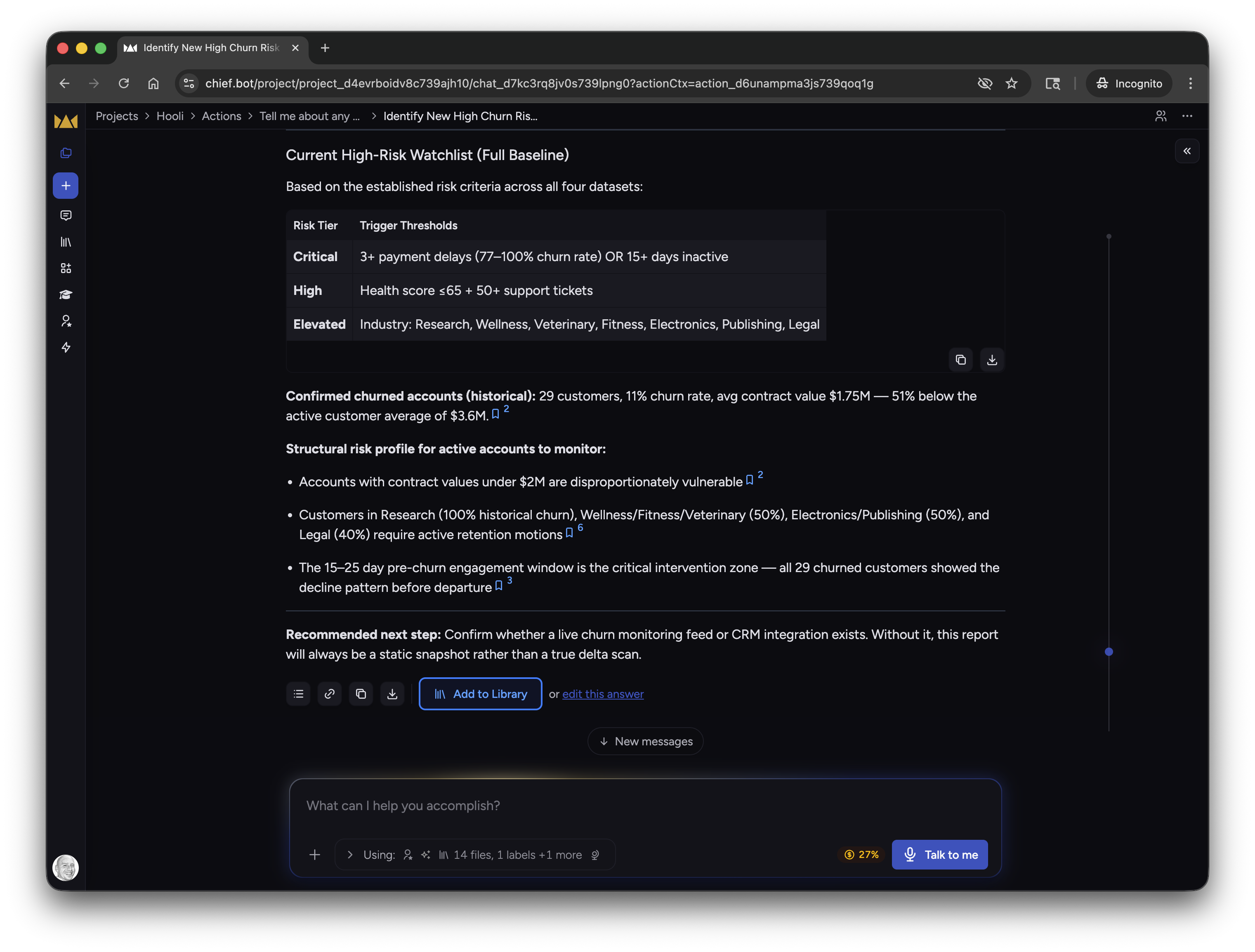 A completed Chief Action showing structured output