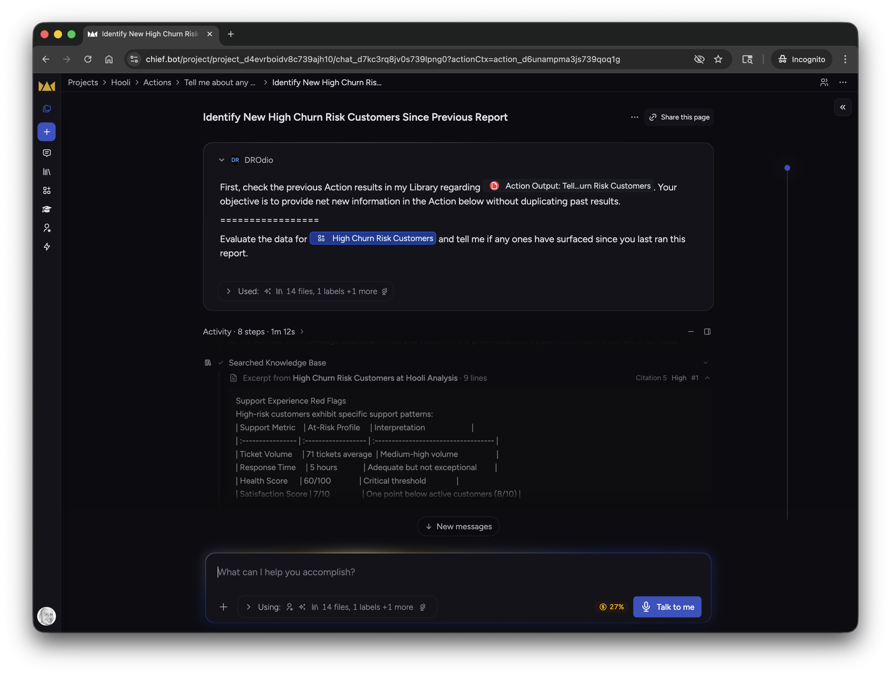 A Chief Action running with live progress