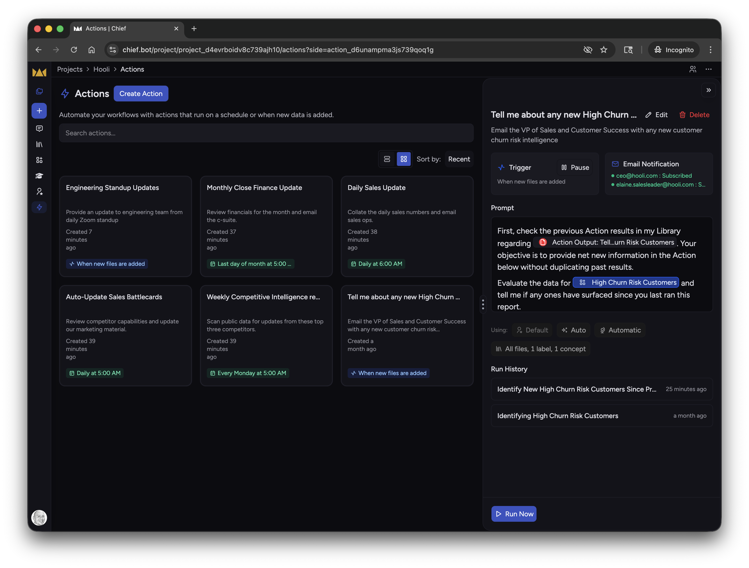 Chief Actions list with action detail
