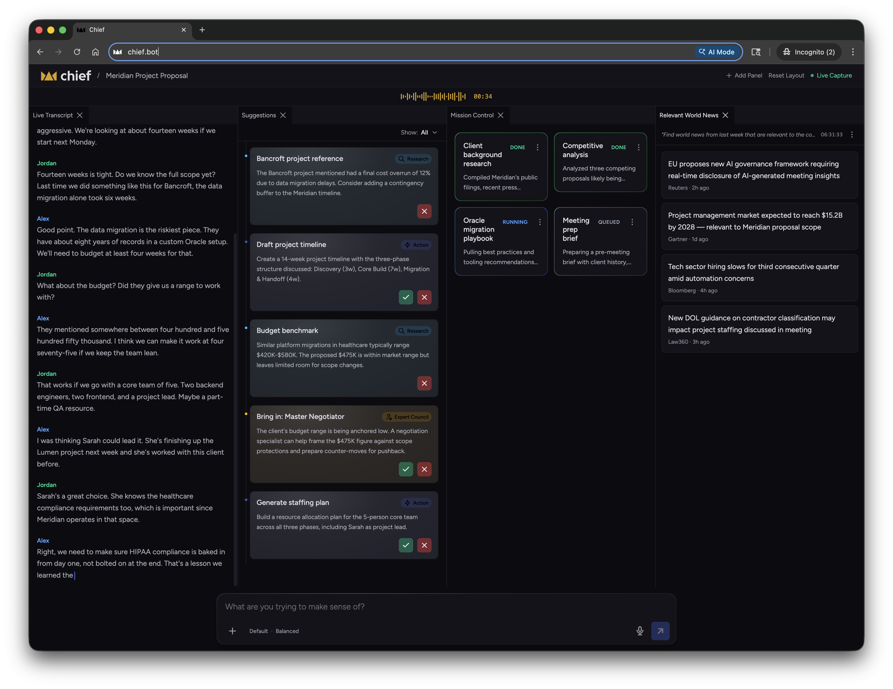 Chief Live Session surfacing real-time intelligence during a meeting